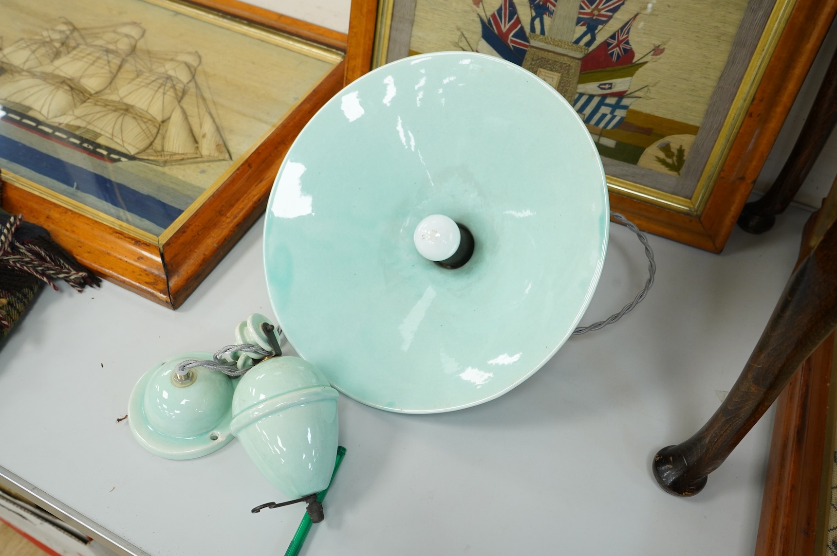 A French eathernware 'rise and fall' light fitting